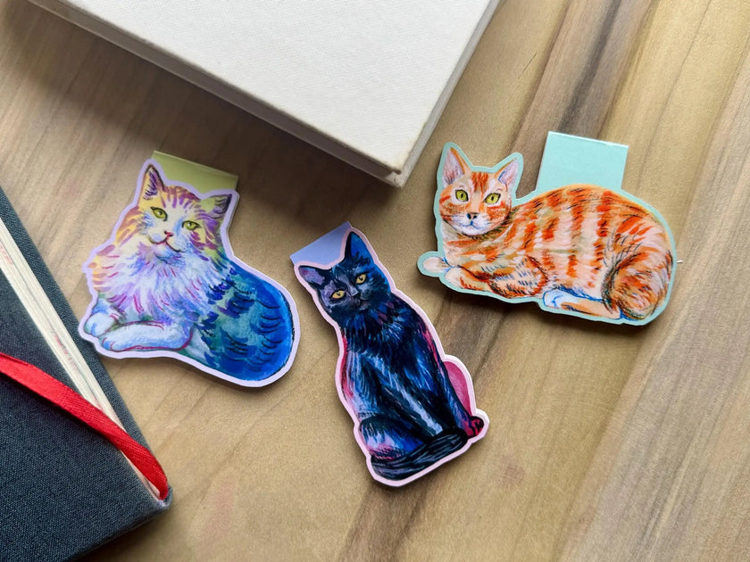 Illustrated Cats Magnetic Bookmarks - set of 3 handmade bookmarks