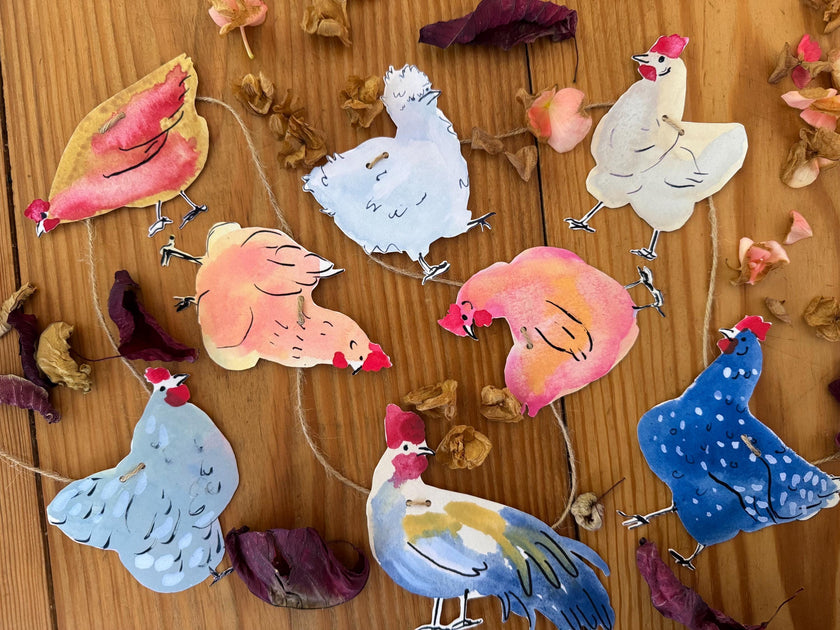 Chicken garland - illustrated paper garland - pet hens and a rooster art banner - chicken gifts - chicken party decor