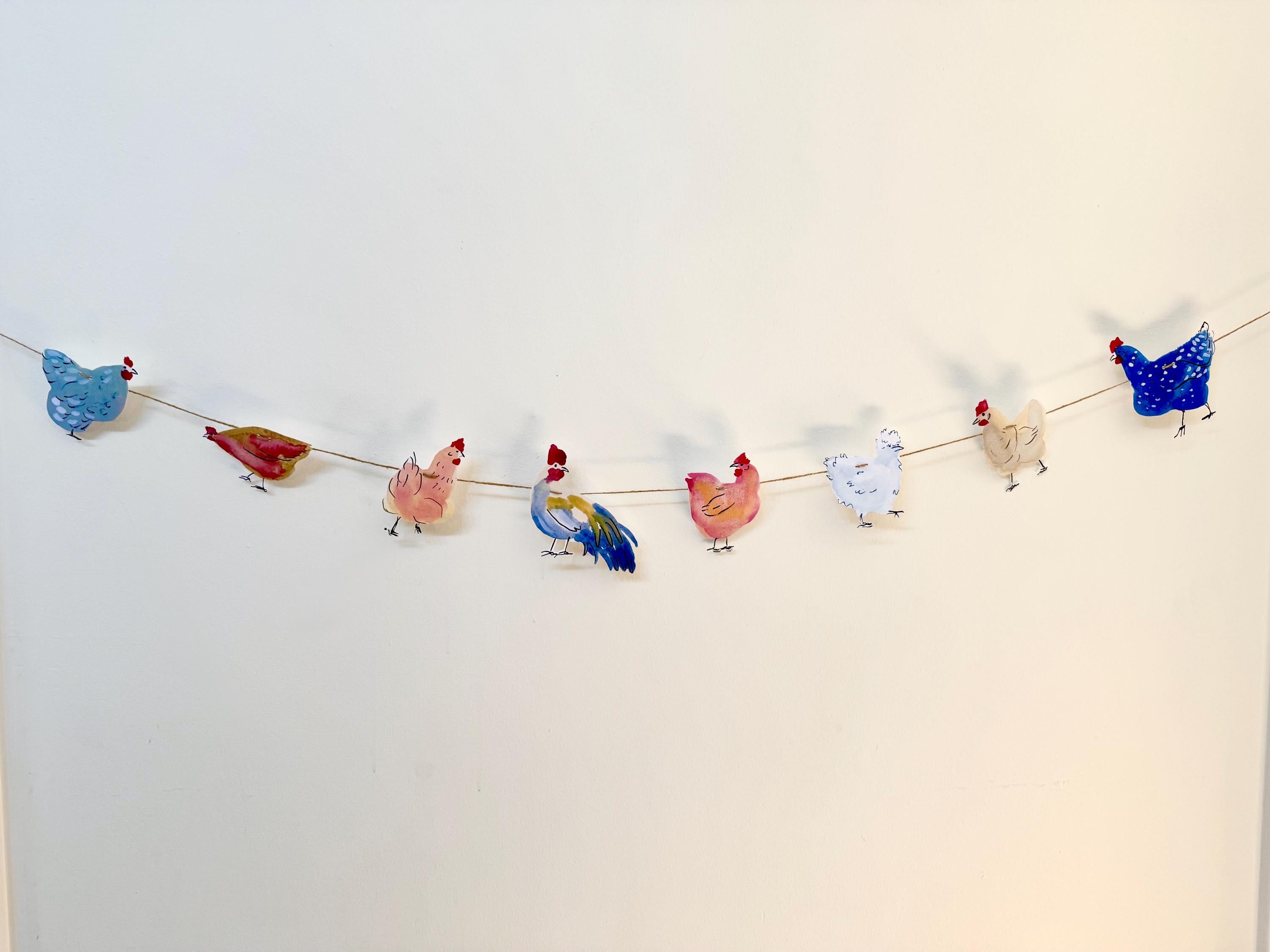 Chicken garland - illustrated paper garland - pet hens and a rooster art banner - chicken gifts - chicken party decor