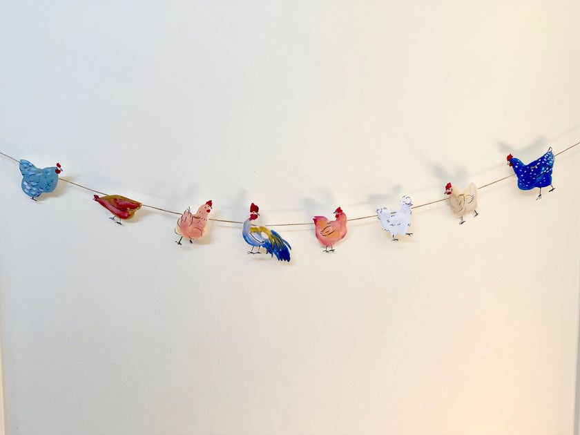 Chicken garland - illustrated paper garland - pet hens and a rooster art banner - chicken gifts - chicken party decor