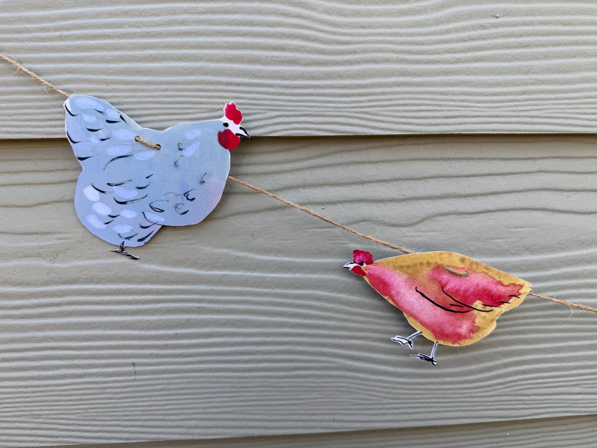 Chicken garland - illustrated paper garland - pet hens and a rooster art banner - chicken gifts - chicken party decor