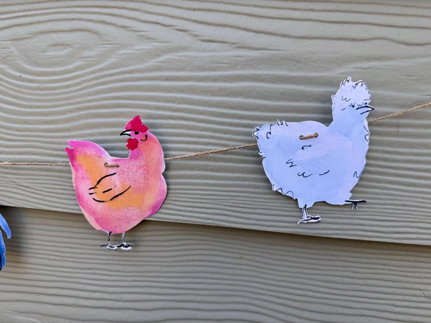 Chicken garland - illustrated paper garland - pet hens and a rooster art banner - chicken gifts - chicken party decor