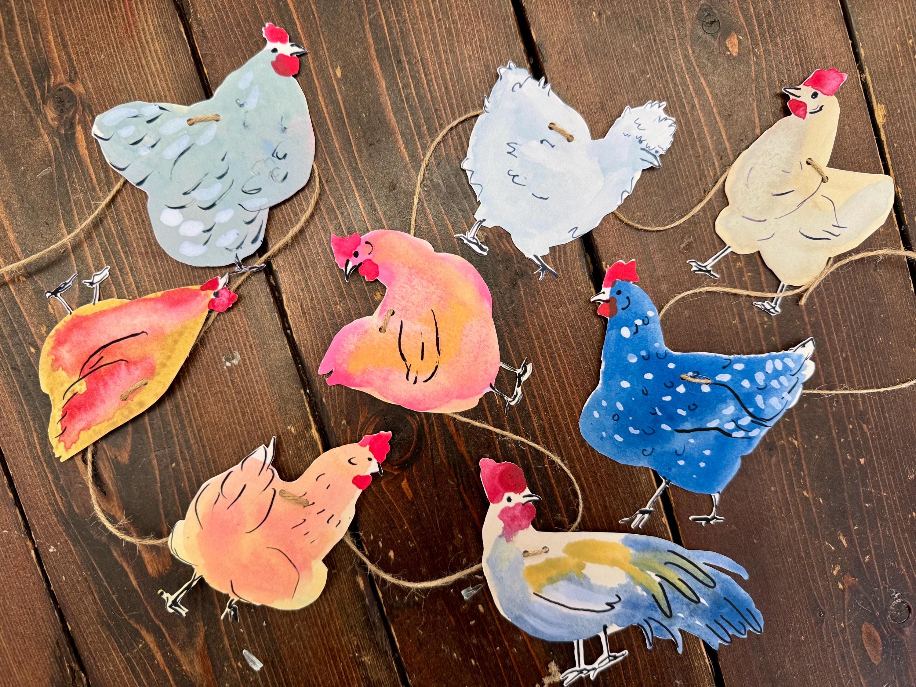 Chicken garland - illustrated paper garland - pet hens and a rooster art banner - chicken gifts - chicken party decor