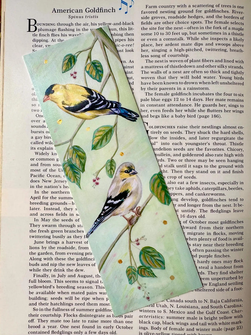Hand Painted Goldfinch Bookmark: Unique Bird Lover's Gift featuring print of original illustration with hand painted gold accents