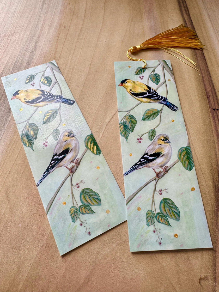 Hand Painted Goldfinch Bookmark: Unique Bird Lover's Gift featuring print of original illustration with hand painted gold accents