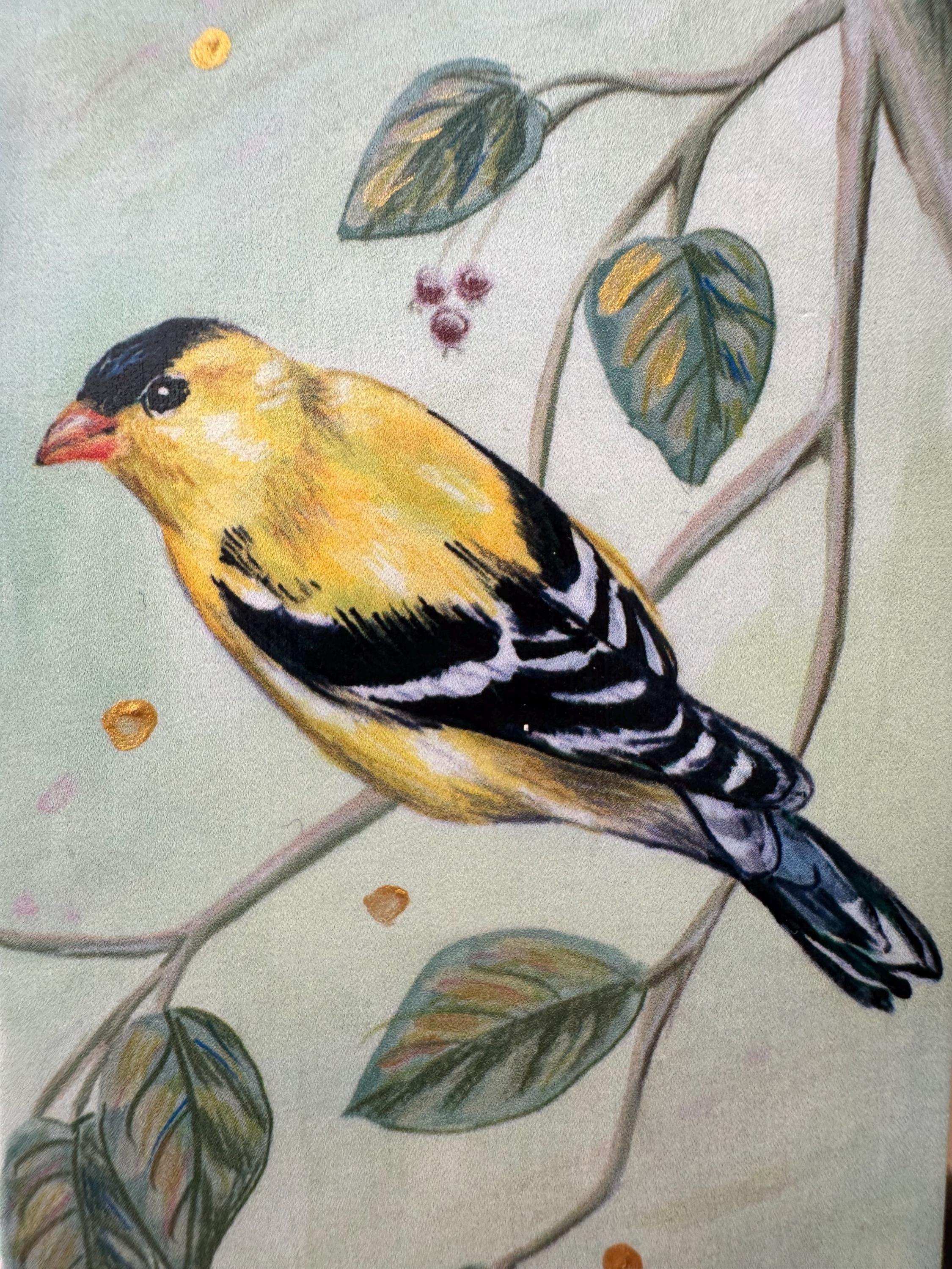 Hand Painted Goldfinch Bookmark: Unique Bird Lover's Gift featuring print of original illustration with hand painted gold accents