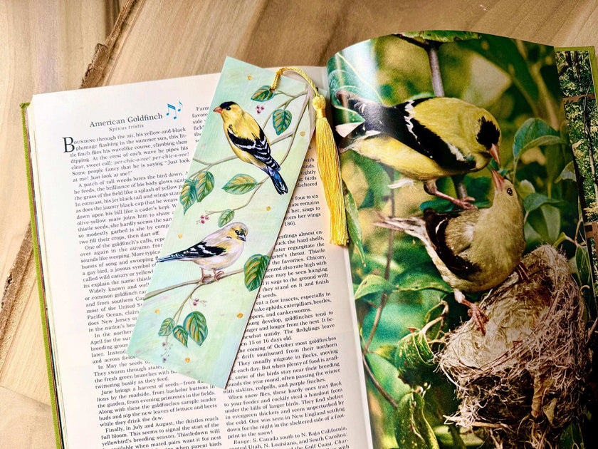 Hand Painted Goldfinch Bookmark: Unique Bird Lover's Gift featuring print of original illustration with hand painted gold accents