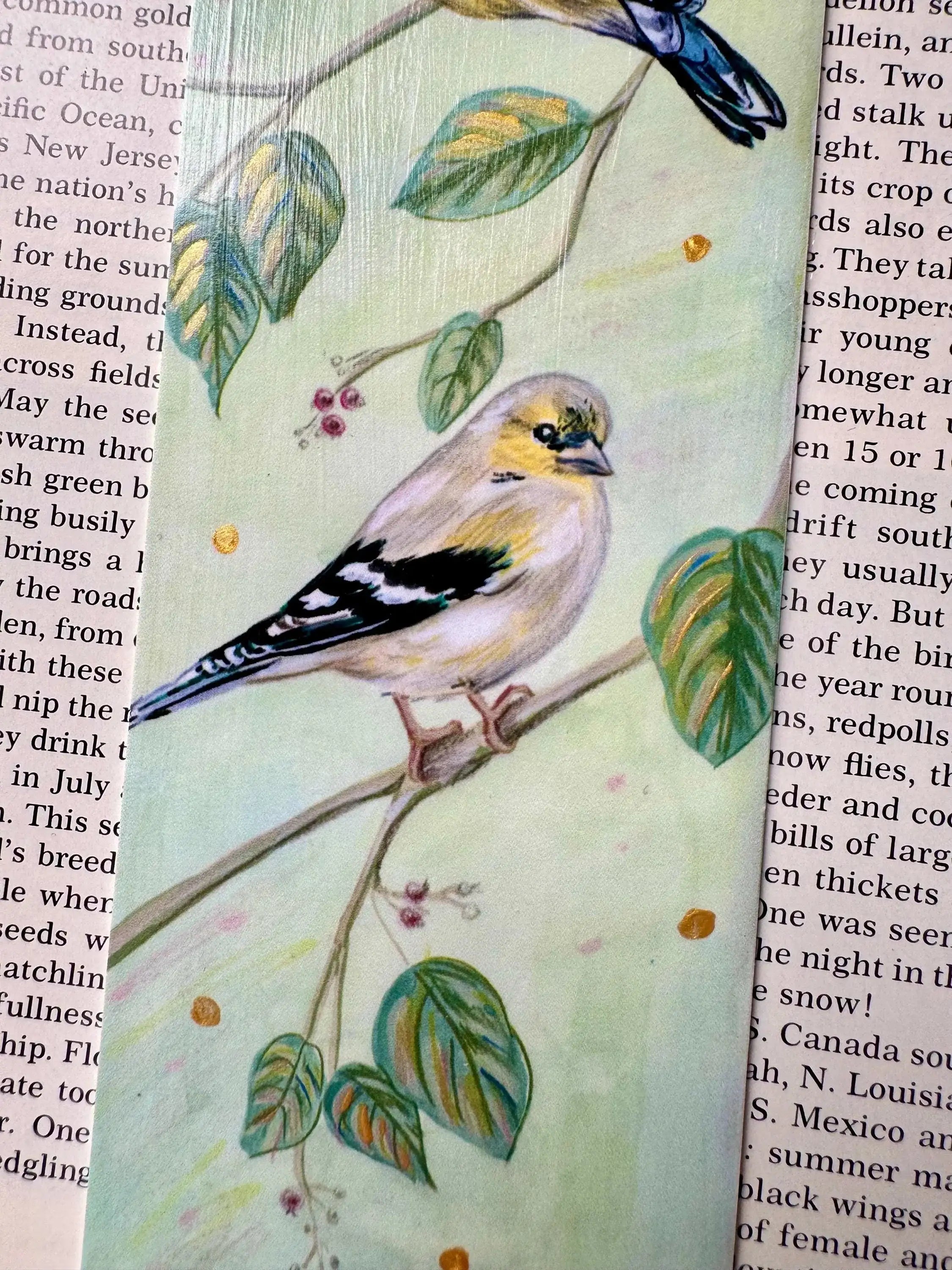 Hand Painted Goldfinch Bookmark: Unique Bird Lover's Gift featuring print of original illustration with hand painted gold accents
