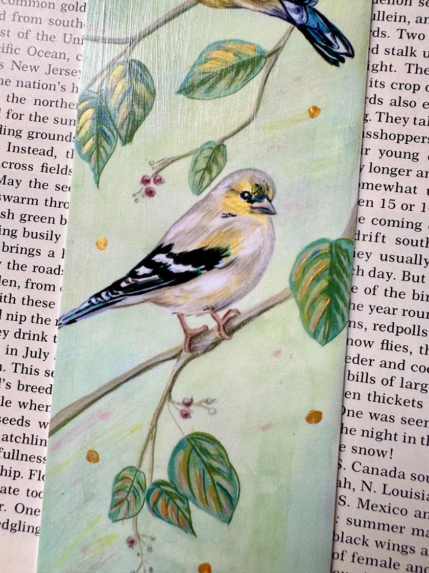 Hand Painted Goldfinch Bookmark: Unique Bird Lover's Gift featuring print of original illustration with hand painted gold accents