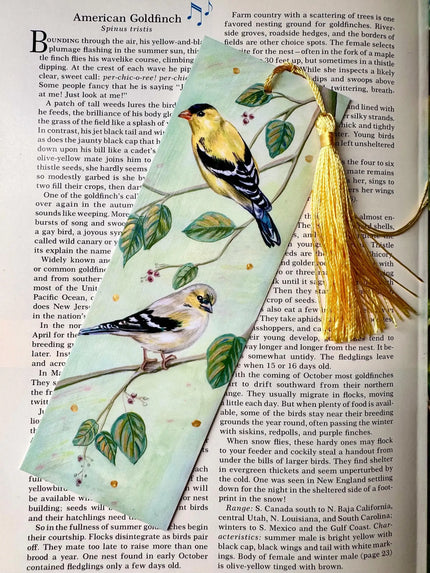 Hand Painted Goldfinch Bookmark: Unique Bird Lover's Gift featuring print of original illustration with hand painted gold accents