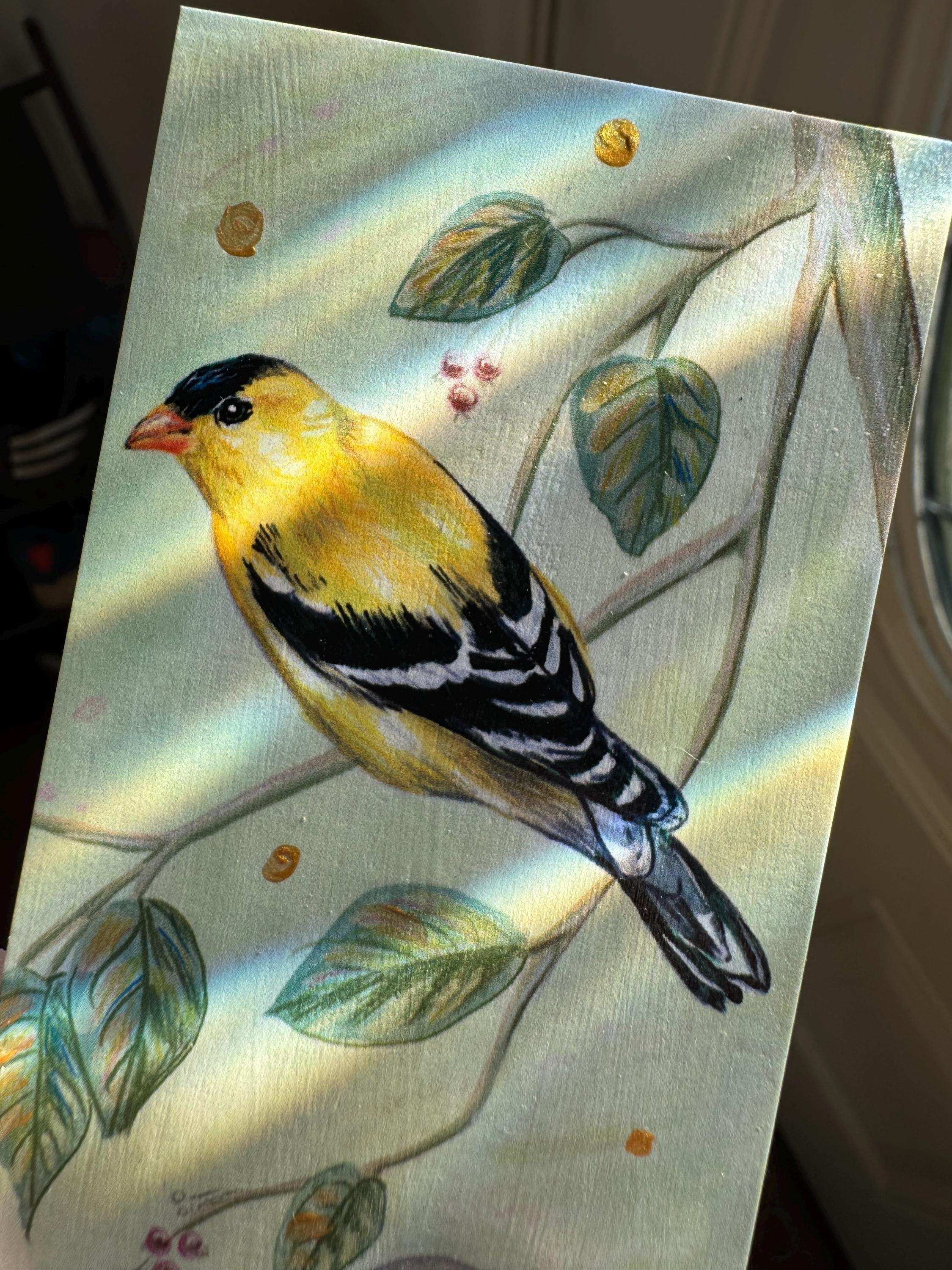 Hand Painted Goldfinch Bookmark: Unique Bird Lover's Gift featuring print of original illustration with hand painted gold accents