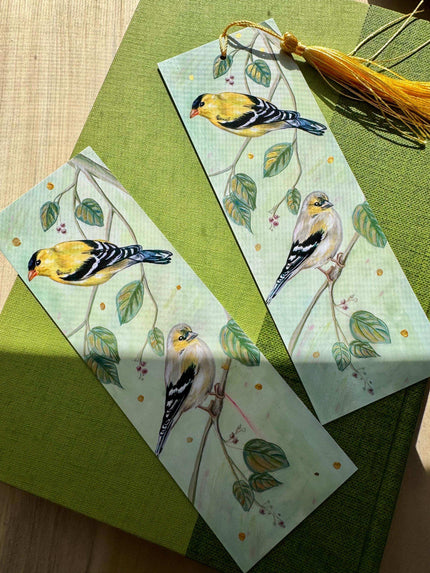 Hand Painted Goldfinch Bookmark: Unique Bird Lover's Gift featuring print of original illustration with hand painted gold accents