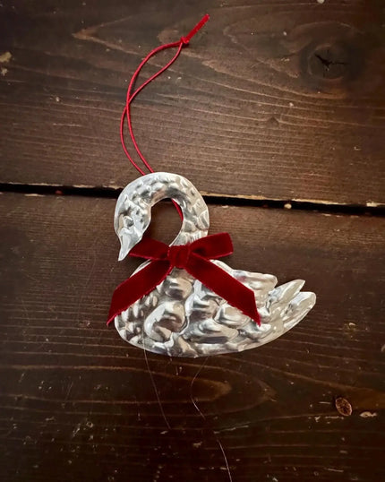 Swan with red bow Handmade Embossed Pressed Tin Christmas Ornament - metal foil holiday decor, gift tag, and tree hanging