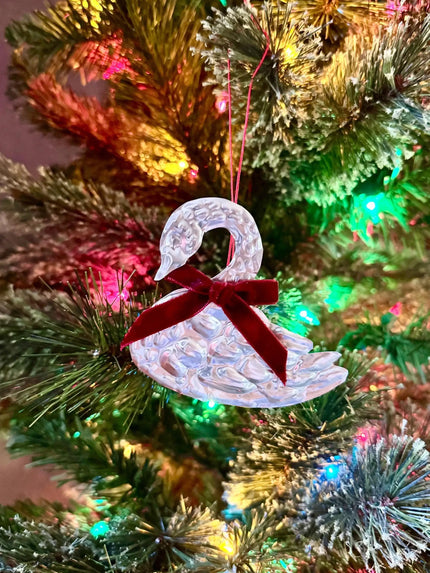 Swan with red bow Handmade Embossed Pressed Tin Christmas Ornament - metal foil holiday decor, gift tag, and tree hanging