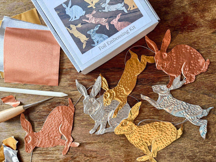 Rabbits DIY Tin Embossing Kit - DIY embossed metal foil craft kit - makes tin garland, ornaments & decorations - Easter crafting party kit