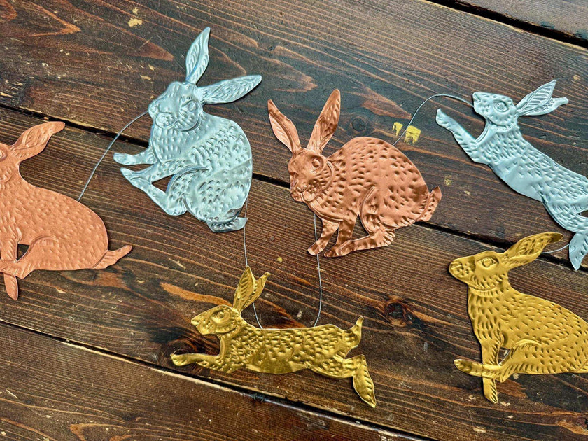 Rabbits DIY Tin Embossing Kit - DIY embossed metal foil craft kit - makes tin garland, ornaments & decorations - Easter crafting party kit