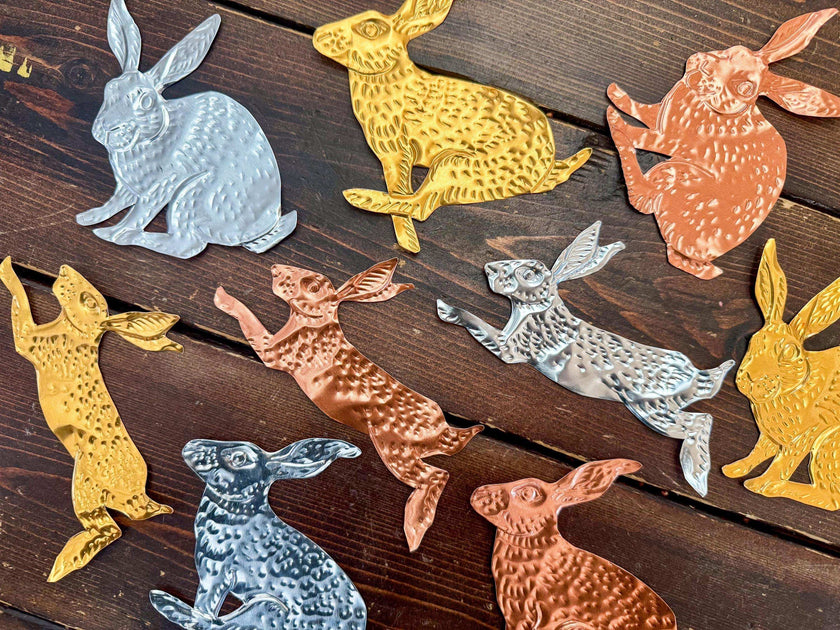 Rabbits DIY Tin Embossing Kit - DIY embossed metal foil craft kit - makes tin garland, ornaments & decorations - Easter crafting party kit