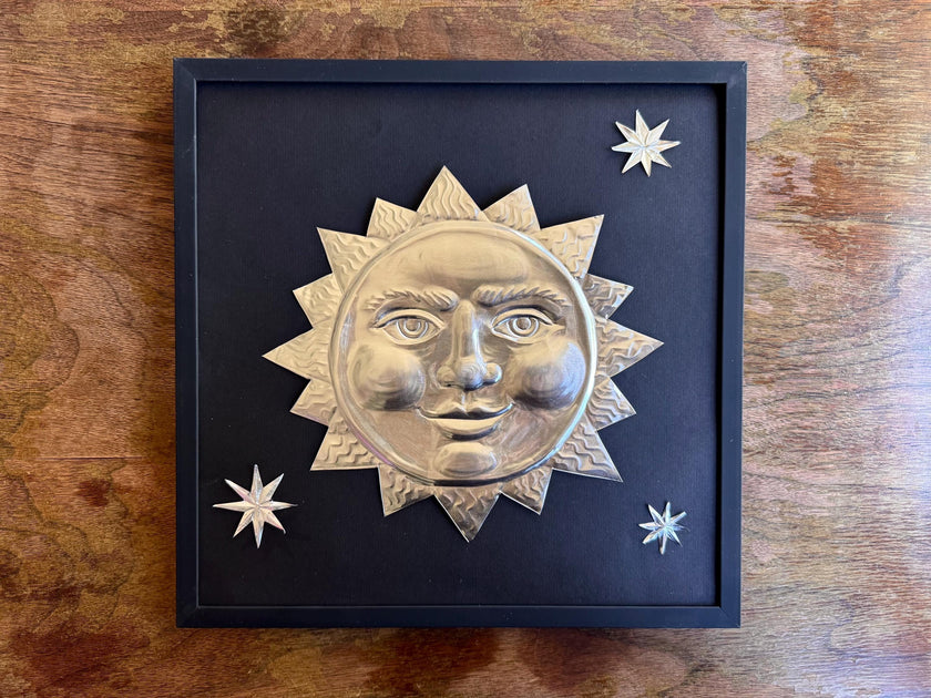 Hand Embossed Tin Sun Decoration: Celestial Wall Accent - , 12x12 Framed Sun and Stars, Folk Art Aluminum Decoration