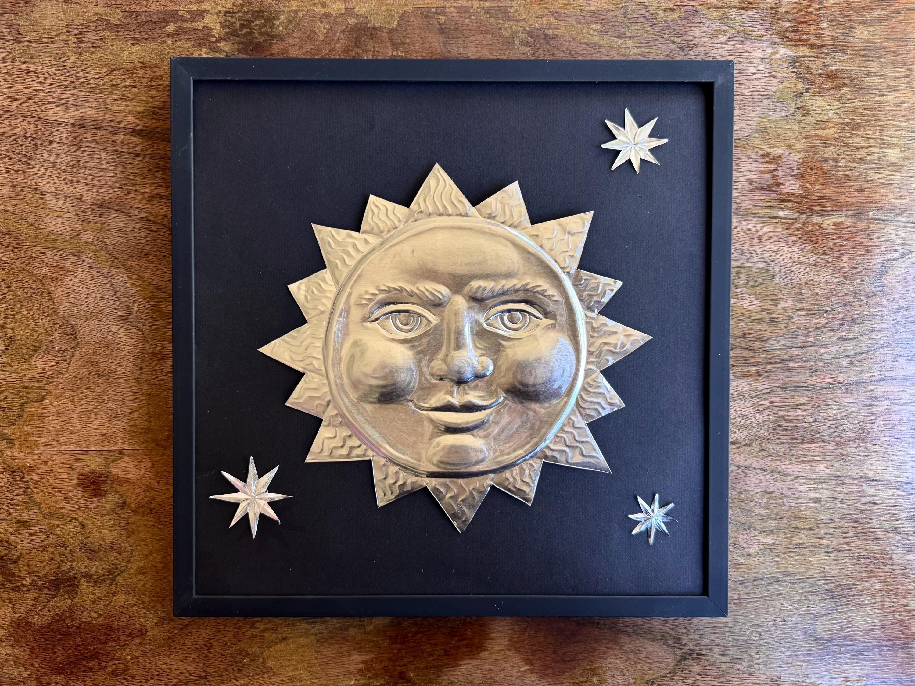 Hand Embossed Tin Sun Decoration: Celestial Wall Accent - , 12x12 Framed Sun and Stars, Folk Art Aluminum Decoration