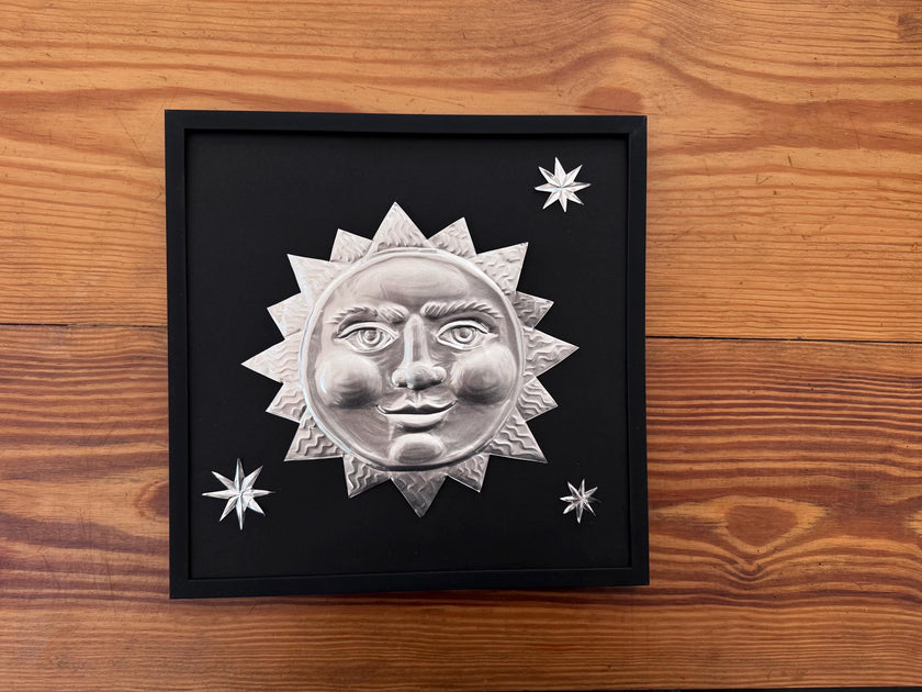 Hand Embossed Tin Sun Decoration: Celestial Wall Accent - , 12x12 Framed Sun and Stars, Folk Art Aluminum Decoration