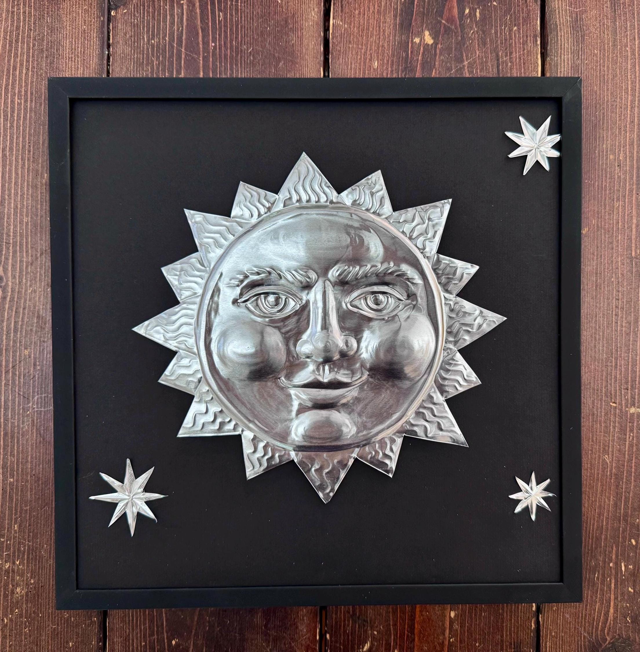 Hand Embossed Tin Sun Decoration: Celestial Wall Accent - , 12x12 Framed Sun and Stars, Folk Art Aluminum Decoration