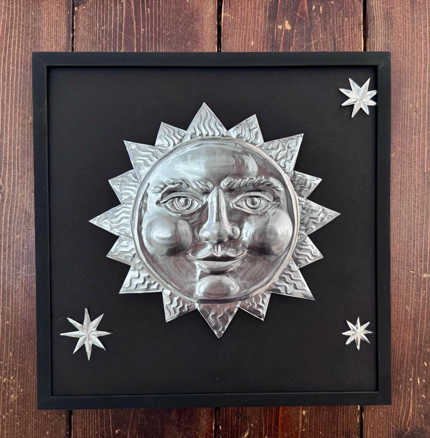 Hand Embossed Tin Sun Decoration: Celestial Wall Accent - , 12x12 Framed Sun and Stars, Folk Art Aluminum Decoration
