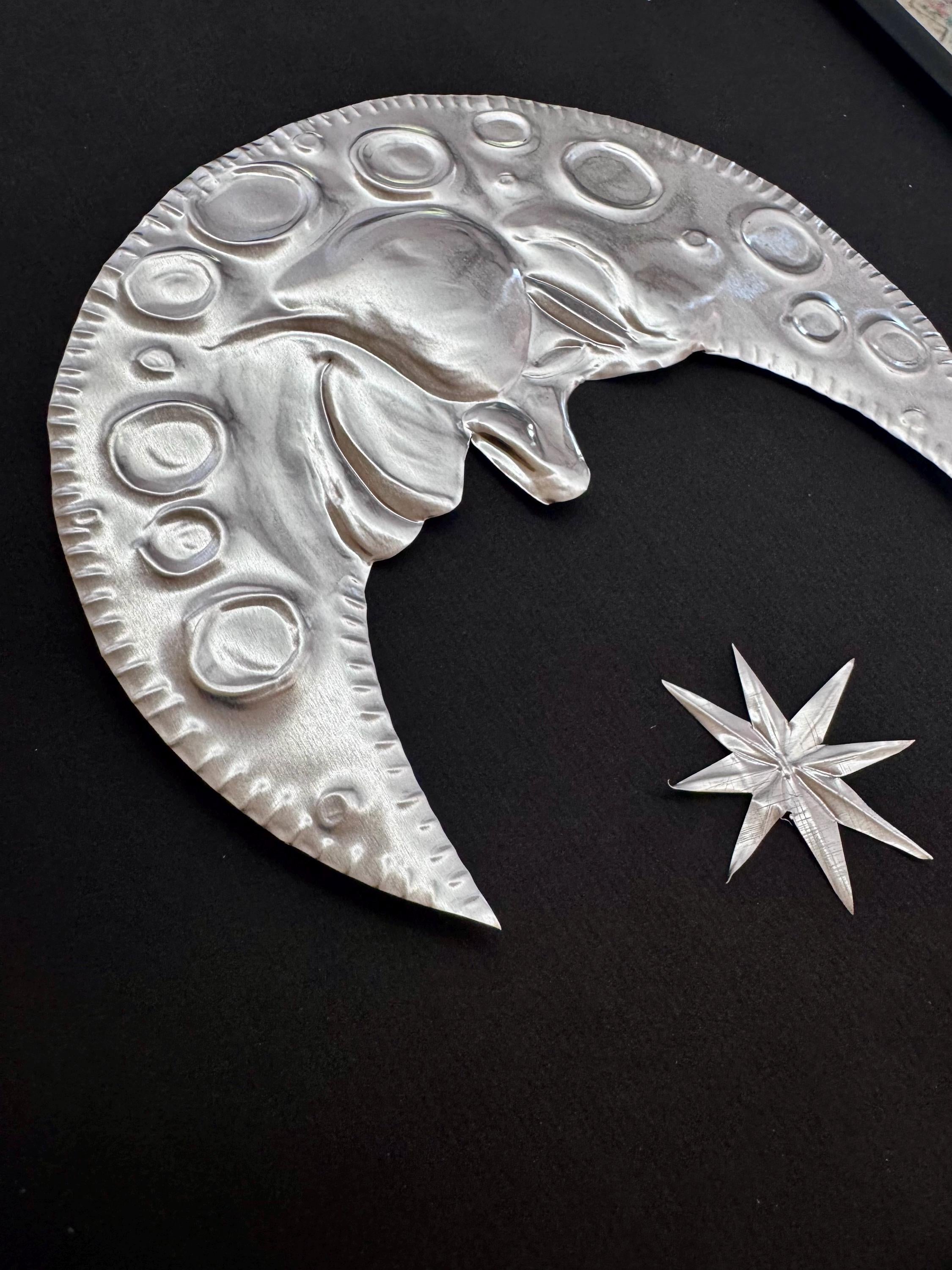 Hand Embossed Tin Crescent Moon Wall Art, Celestial Metal Wall Hanging, 12x12 Framed Moon and Stars, Folk Art Metal Aluminum Decoration
