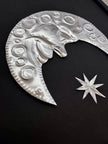 Hand Embossed Tin Crescent Moon Wall Art, Celestial Metal Wall Hanging, 12x12 Framed Moon and Stars, Folk Art Metal Aluminum Decoration