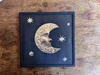 Hand Embossed Tin Crescent Moon Wall Art, Celestial Metal Wall Hanging, 12x12 Framed Moon and Stars, Folk Art Metal Aluminum Decoration
