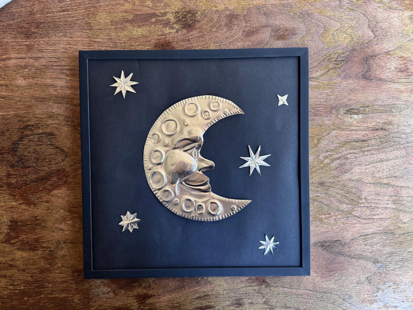 Hand Embossed Tin Crescent Moon Wall Art, Celestial Metal Wall Hanging, 12x12 Framed Moon and Stars, Folk Art Metal Aluminum Decoration