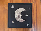 Hand Embossed Tin Crescent Moon Wall Art, Celestial Metal Wall Hanging, 12x12 Framed Moon and Stars, Folk Art Metal Aluminum Decoration