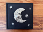 Hand Embossed Tin Crescent Moon Wall Art, Celestial Metal Wall Hanging, 12x12 Framed Moon and Stars, Folk Art Metal Aluminum Decoration