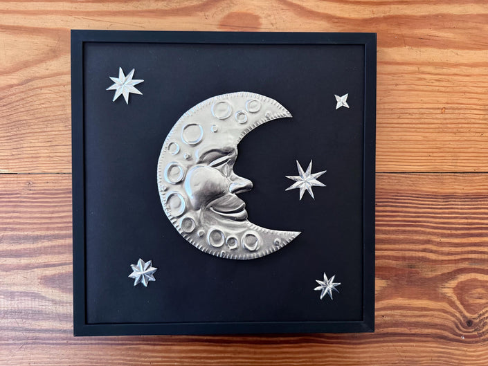 Hand Embossed Tin Crescent Moon Wall Art, Celestial Metal Wall Hanging, 12x12 Framed Moon and Stars, Folk Art Metal Aluminum Decoration