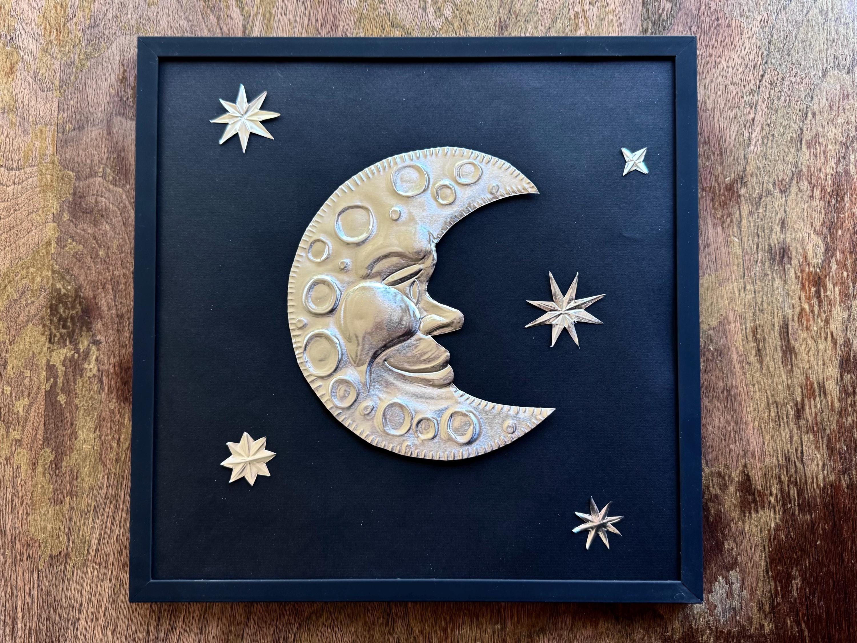 Hand Embossed Tin Crescent Moon Wall Art, Celestial Metal Wall Hanging, 12x12 Framed Moon and Stars, Folk Art Metal Aluminum Decoration