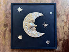 Hand Embossed Tin Crescent Moon Wall Art, Celestial Metal Wall Hanging, 12x12 Framed Moon and Stars, Folk Art Metal Aluminum Decoration