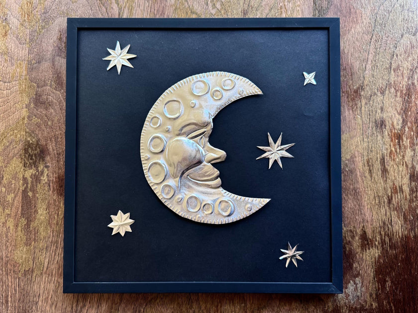 Hand Embossed Tin Crescent Moon Wall Art, Celestial Metal Wall Hanging, 12x12 Framed Moon and Stars, Folk Art Metal Aluminum Decoration