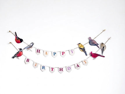 Birthday Banner with Song Birds illustrated paper garland - Thread Your Own bird bunting art banner - bird and nature lover party