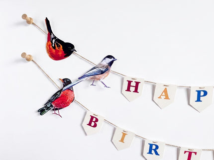 Birthday Banner with Song Birds illustrated paper garland - Thread Your Own bird bunting art banner - bird and nature lover party