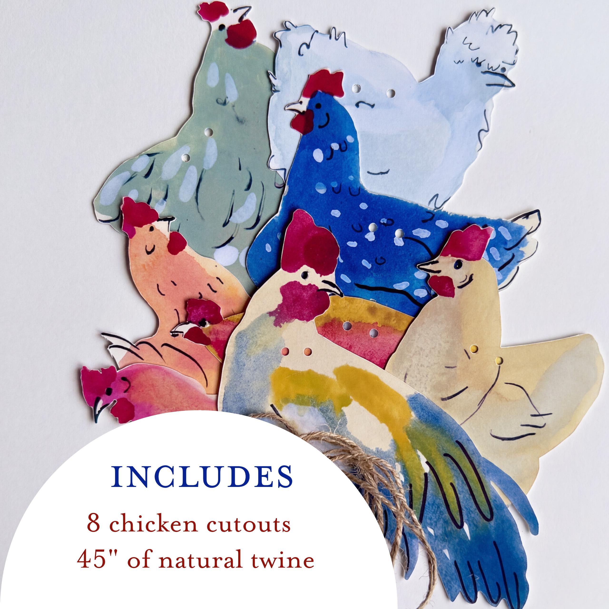 Chicken garland - illustrated paper garland - pet hens and a rooster art banner - chicken gifts - chicken party decor
