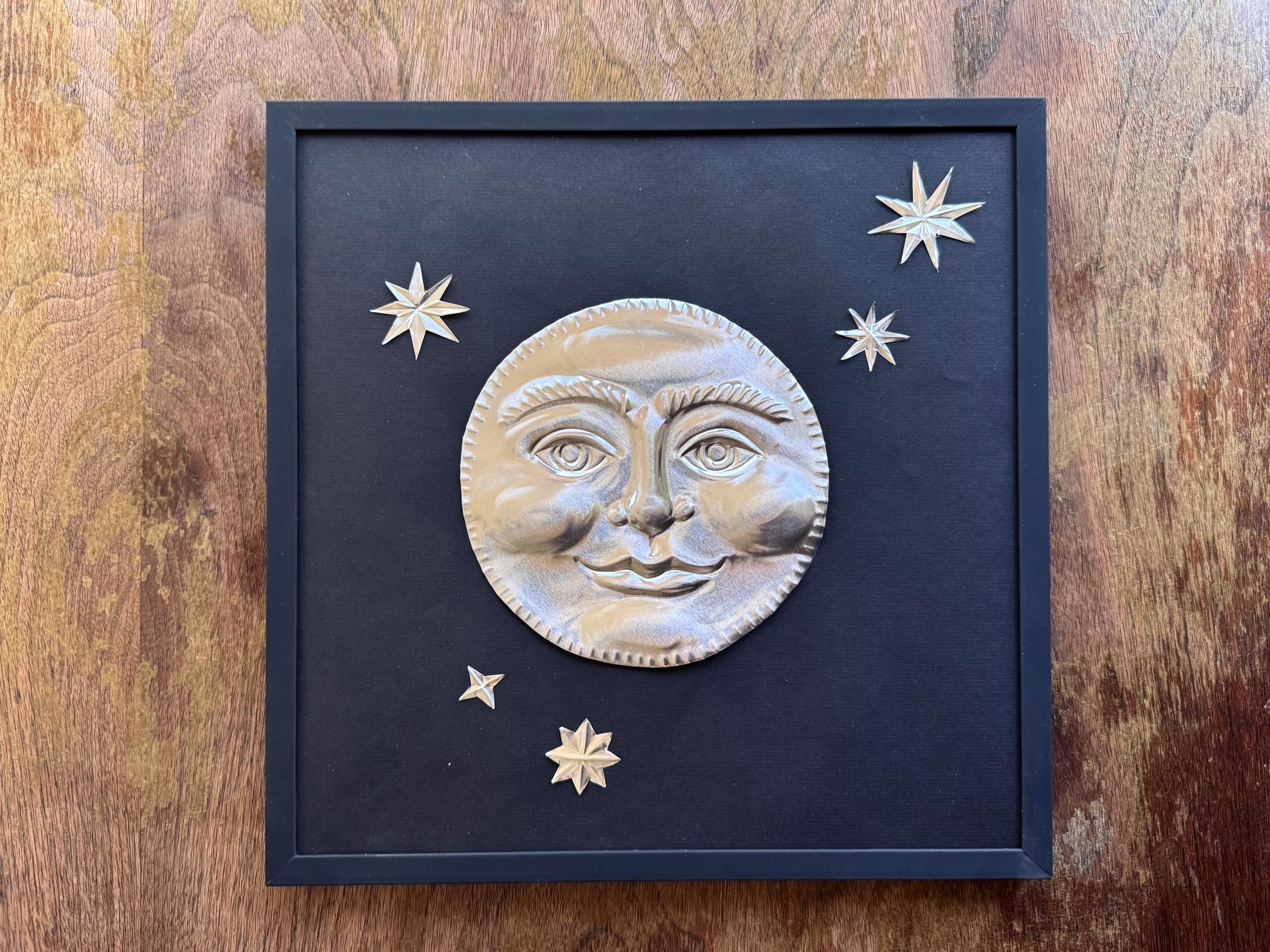 Hand Embossed Tin Smiling Full Moon Wall Art, Celestial Metal Wall Hanging, 12x12 Framed Moon and Stars, Folk Art Embossed Tin Decoration