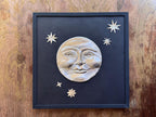 Hand Embossed Tin Smiling Full Moon Wall Art, Celestial Metal Wall Hanging, 12x12 Framed Moon and Stars, Folk Art Embossed Tin Decoration