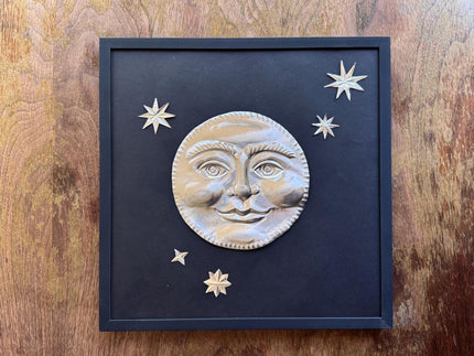 Hand Embossed Tin Smiling Full Moon Wall Art, Celestial Metal Wall Hanging, 12x12 Framed Moon and Stars, Folk Art Embossed Tin Decoration