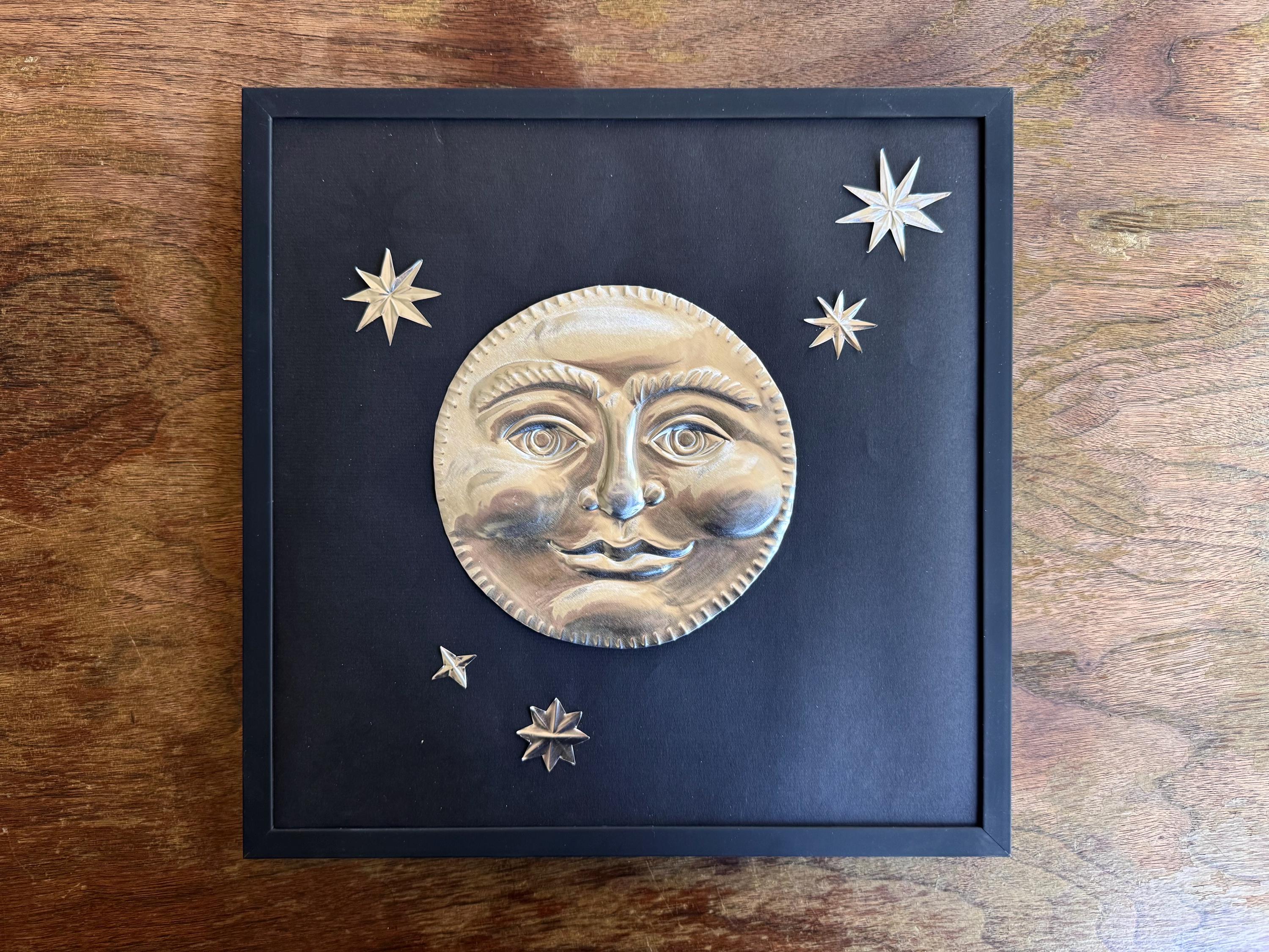 Hand Embossed Tin Smiling Full Moon Wall Art, Celestial Metal Wall Hanging, 12x12 Framed Moon and Stars, Folk Art Embossed Tin Decoration
