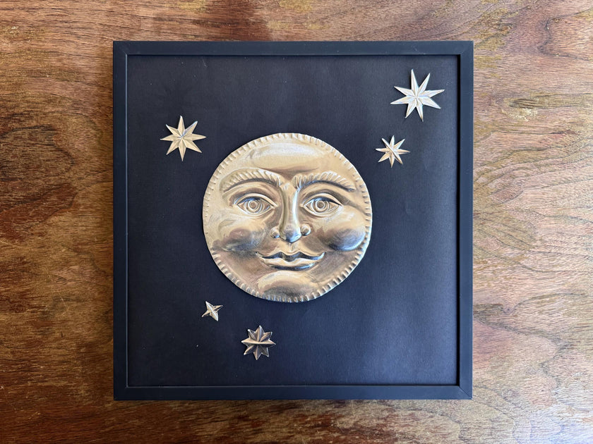 Hand Embossed Tin Smiling Full Moon Wall Art, Celestial Metal Wall Hanging, 12x12 Framed Moon and Stars, Folk Art Embossed Tin Decoration