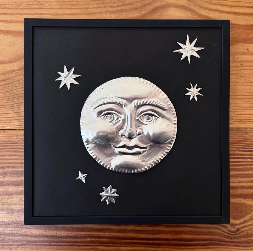 Hand Embossed Tin Smiling Full Moon Wall Art, Celestial Metal Wall Hanging, 12x12 Framed Moon and Stars, Folk Art Embossed Tin Decoration