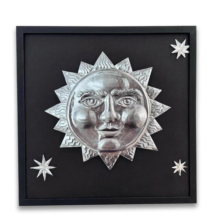 Hand Embossed Tin Sun Decoration: Celestial Wall Accent - , 12x12 Framed Sun and Stars, Folk Art Aluminum Decoration