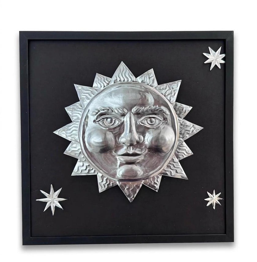 Hand Embossed Tin Sun Decoration: Celestial Wall Accent - , 12x12 Framed Sun and Stars, Folk Art Aluminum Decoration
