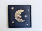 Hand Embossed Tin Crescent Moon Wall Art, Celestial Metal Wall Hanging, 12x12 Framed Moon and Stars, Folk Art Metal Aluminum Decoration