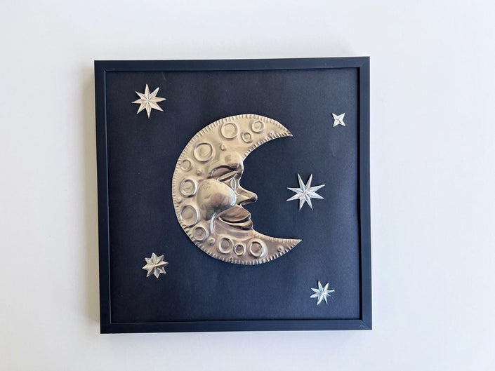 Hand Embossed Tin Crescent Moon Wall Art, Celestial Metal Wall Hanging, 12x12 Framed Moon and Stars, Folk Art Metal Aluminum Decoration