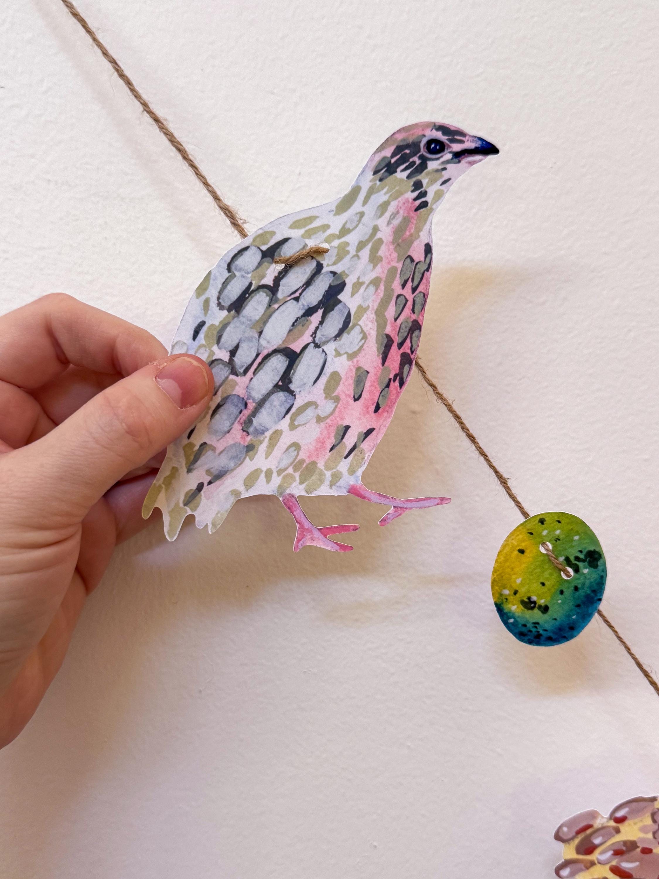 Illustrated Quail Garland, Paper Coturnix Quail Bunting, Cottagecore Wall Decor, Homesteader Gift, farm quail art